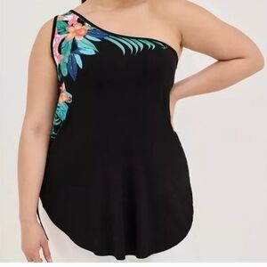 torrid Black One-Shoulder Tank with Tropical Floral Trim